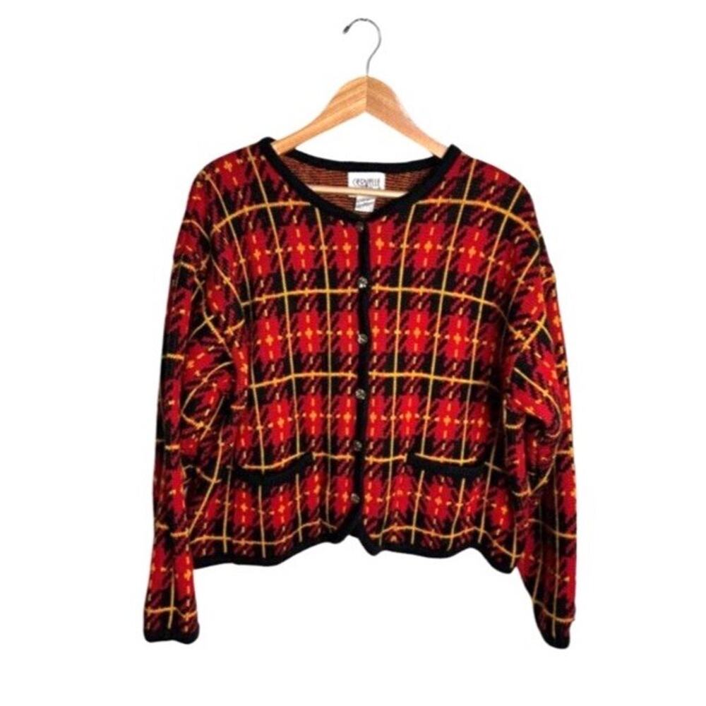 Cervelle Cardigan Plaid Sweater Size XL Red Black Gold Buttons Vintage Grandpa - Picture 8 of 8